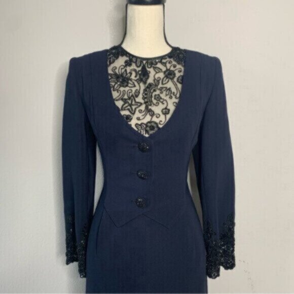 Badgley Mischka Vintage Navy Blue Lace Trim Button Accent Midi Dress - Picture 6 of 16